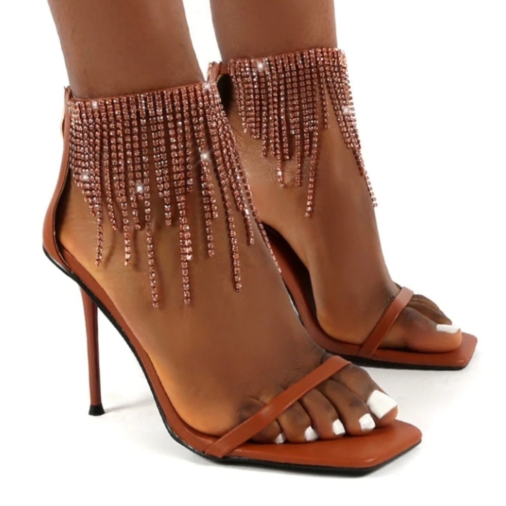 NWOT Public Desire Rhinestone Tassel Ankle Strap Skinny Heels - Picture 5 of 5